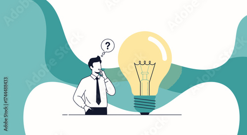 Brainstorming For Innovation: A Businessman Next To A Lightbulb With A Question Mark