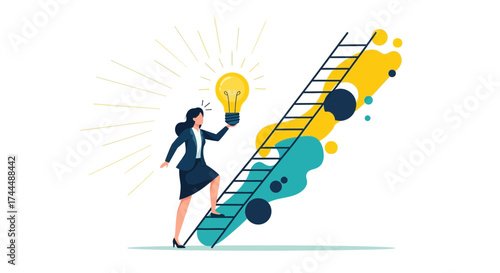 Bright Idea: A Woman Climbing Business Ladder With Inspiration and Success, Illustration