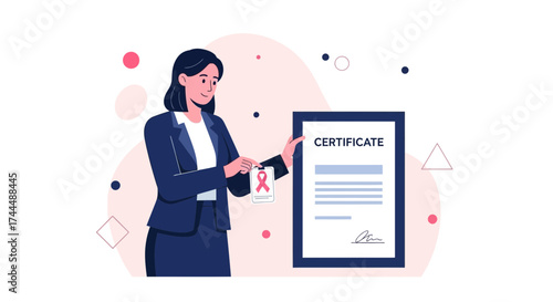 Breast Cancer Awareness: Woman holding a certificate related to cancer and support