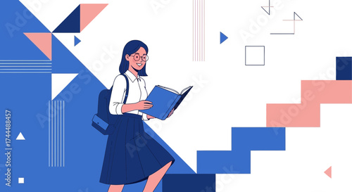 Bright Student Reads Book While Going Up Stairs With Graphic Geometric Design