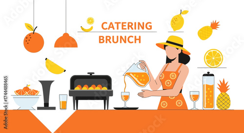 Brunch Catering Scene Depicting Fresh Fruit and Drinks With A Chef, Vector Illustration