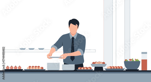 Buffet Image Depicting Businessman Preparing Food, Offering Various Culinary Delights