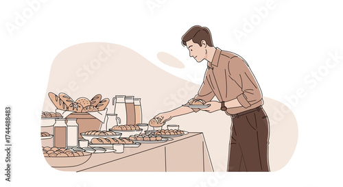 Buffet And Food Selection: A Man Picking Up Bread, A Moment Of Dining Pleasure