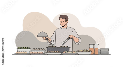 Buffet Service Illustration Depicting Catering Event with Host Serving Food Plates