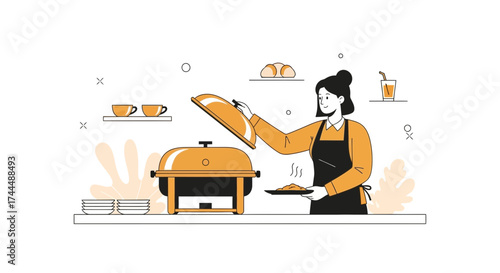 Buffet Service Illustration Depicting Food Service Personnel and Culinary Presentation