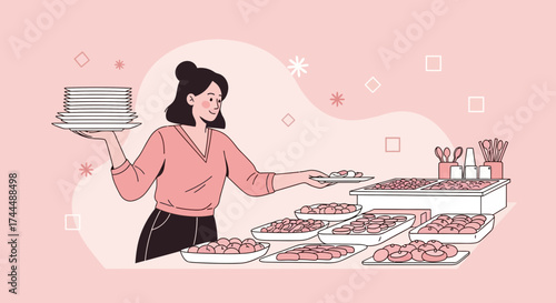 Buffet Service Illustration Depicting Woman Serving Food, Plates, and Pink Color Scheme