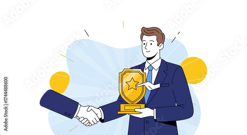 Business Agreement Handshake Presenting Gold Shield With a Star and Corporate Achievement