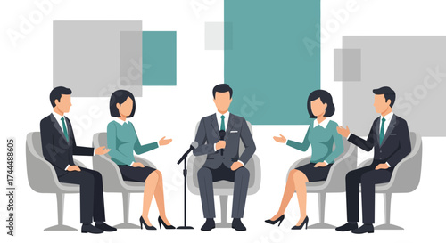 Business Panel Discussion Illustration Depicting Collaboration, Dialogue, and Presentation