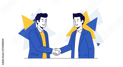 Business Agreement Illustration: Two Men Shake Hands, Achieving Mutual Succesful Goals Together