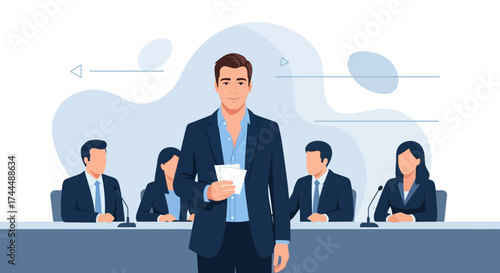 Business conference with a speaker and a group of people in elegant clothes