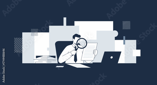 Business Analysis: Investigator Examining Documents with Magnifying Glass for Audit Purposes