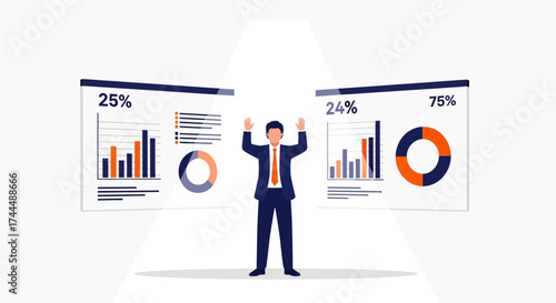 Business Analyst Celebrates Success with Data Visualizations and Performance Charts