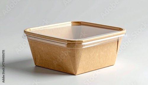 Square eco-friendly food container with transparent lid on gray background.