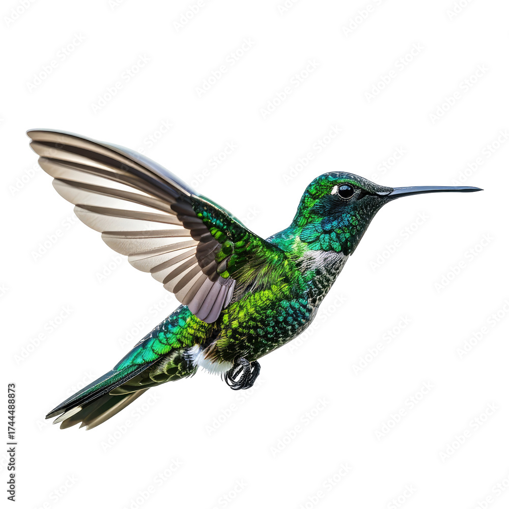 Fototapeta premium Vivid green hummingbird mid-flight with shimmering plumage, isolated on black background