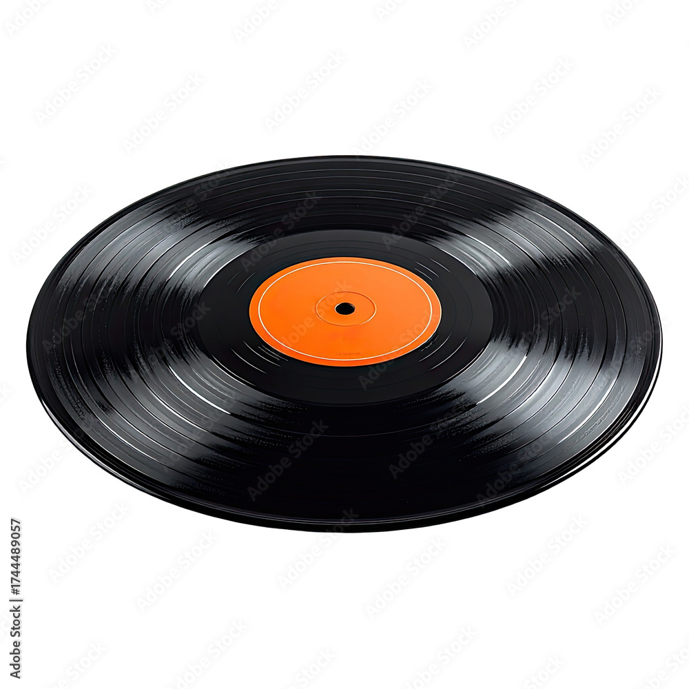 Obraz premium Shiny black vinyl record with a bright orange label centered, on a black background