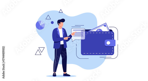 Business Illustration of a Man Managing Finances and Digital Wallet Concepts