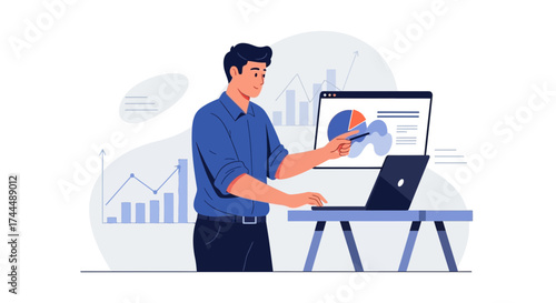 Business Analyst Presenting Data Analysis On Computer Screen Information Illustration