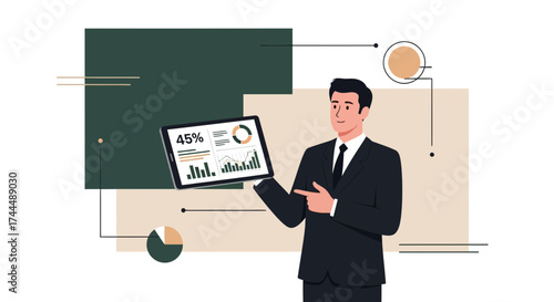 Business illustration of a man presenting data on a tablet with financial charts and graphs