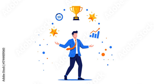 Business illustration of a successful man juggling business elements concept