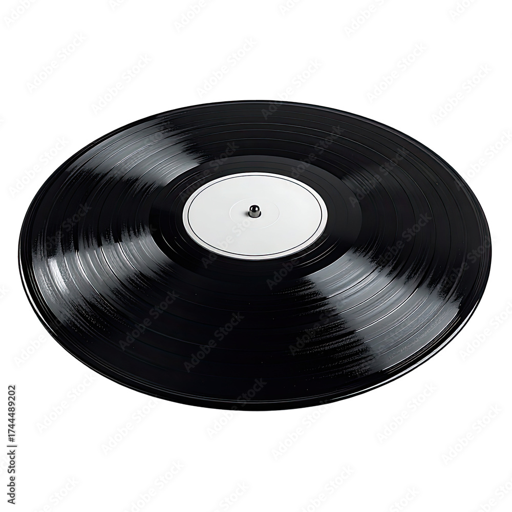 Obraz premium Shiny black vinyl record with a white label in the center. Close-up view