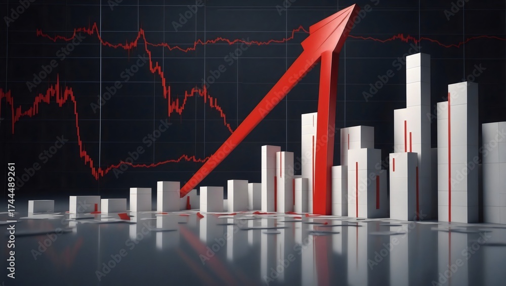 Fototapeta premium A dynamic financial illustration shows upward trends with bar graphs and a rising arrow in a sleek, modern visual, showcasing positive growth and the movement of stock