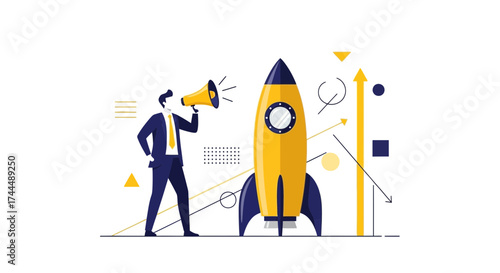 Business Launch Announcement With A Rocket And a Man Telling Through Megaphone