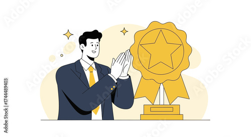Business Leader Celebrating Achievement with Prize, Applause, and a Symbol of Excellence