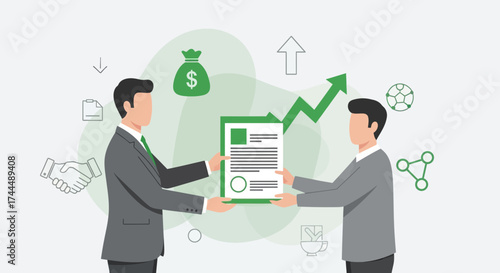 Business Collaboration: Agreement Handover with Financial Growth Illustration and Partnership