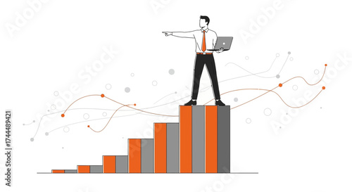 Business Leader Directing Future Progress Standing Atop a Graph Illustrating Growth