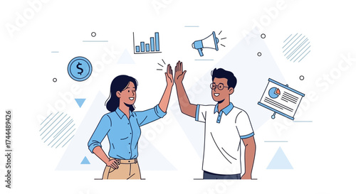 Business Colleagues Celebration High-Five Gesture Celebrating Success Vector Illustration