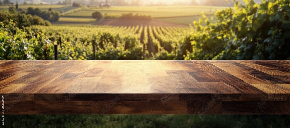 Obraz premium Rustic Wood Table with Vineyard Backdrop, A Taste of Country Charm