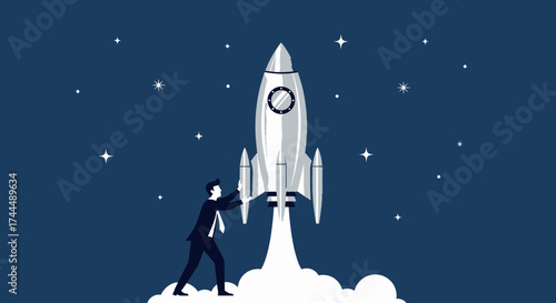 Business man pushing a rocket into space, representing start up and success