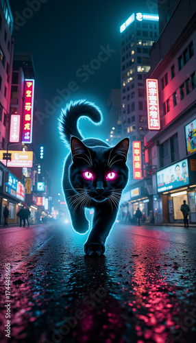 Black cat walking on neon-lit street at night with glowing eyes  