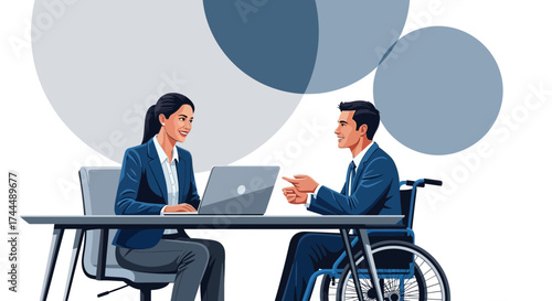 Business meeting between two people, one of them using a wheelchair, on white background
