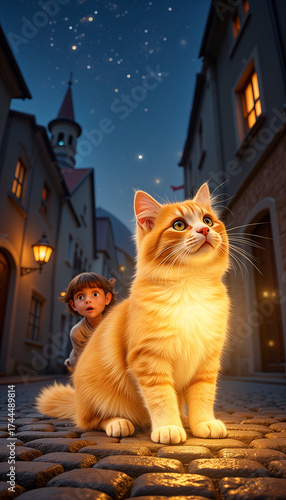 Cat walking in urban environment with glowing blue eyes at night  