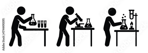 A stickman icon set in a laboratory. A laboratory technician is conducting experiments with test tubes and a microscope.