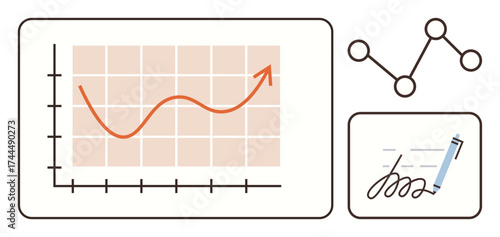 Rising line graph highlights growth, network nodes show connections, and signed document emphasizes agreement. Ideal for data growth, analytics, business strategy, networking, success, contracts