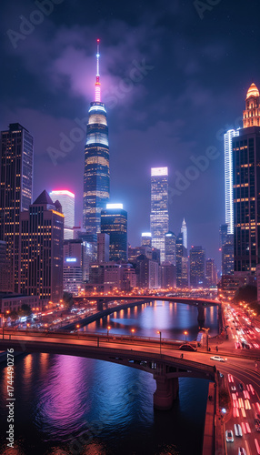 Modern skyline at night with illuminated towers and river view  