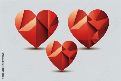 Trio of origami-style hearts in shades of red, embodying love and geometric artistry