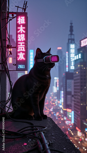 Black cat wearing virtual reality headset on rooftop at night  