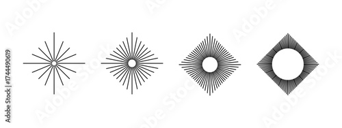 Straight radial lines in rhombus shapes. Set of dimond shaped sunburst icons. Solar signs. Radiance, spin, explosion or firework symbols isolated on white background. Vector graphic illustration.