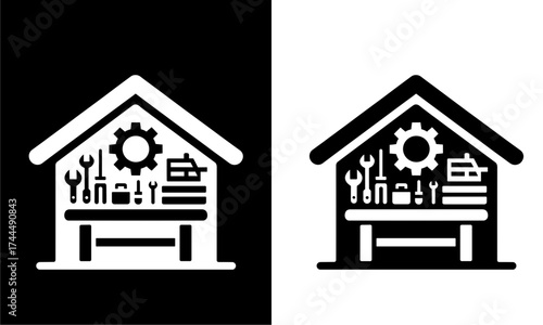 Tool Shop Icom. Icon of a workshop or tool shop, with a roof and tools inside, symbolizing repair shop