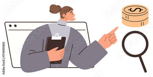 Woman holding clipboard pointing towards stacked coins, with magnifying glass symbolizing research and strategy. Ideal for financial analysis, goals, investment, research, business, strategy