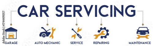 Car servicing website banner vector illustration with an icons of garage, auto mechanic, service, repairing and maintenance. Modern flat illustration for vehicle service.