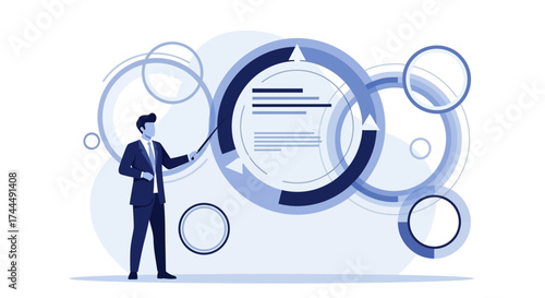 Business Presentation Icon: Man Presenting Business Plan with Infographic Illustration