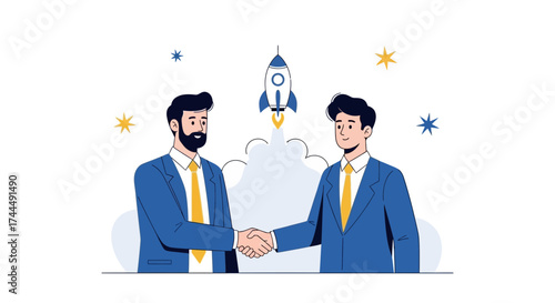 Business partners shaking hands with a rocket launch, representing success and startup venture