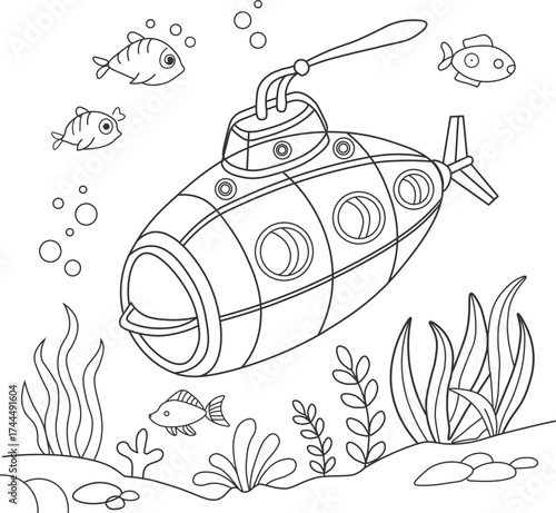 Underwater submarine vector illustration with coral reefs and fish