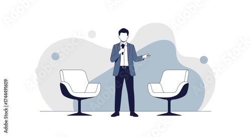 Business Presenter Giving Speech While Standing Between Two Empty Armchairs Illustration