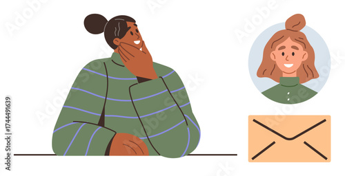 Individual thoughtfully pondering next steps, with profile picture and envelope symbol nearby. Ideal for communication, connection, decision-making, messaging, relationships, creativity