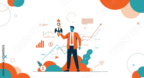 Business Person Launches Rocket Showing Growth and Financial Success in Creative Concept